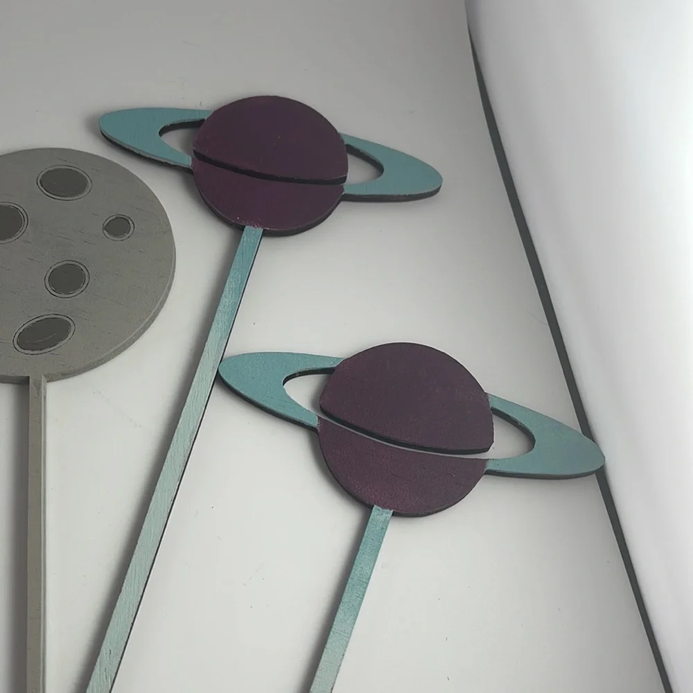 Outer Space Cake Toppers Wood NEW Set of 6